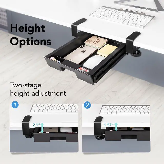 Alt view image 7 of 7 - Under Desk Slide-Out Storage Drawer, Small 11.7"x8.2" Pull-Out Organizer with Smooth Sliding Rail, Adjustable C-Clamp Mount, Black Tray for Home Office & Standing Desk