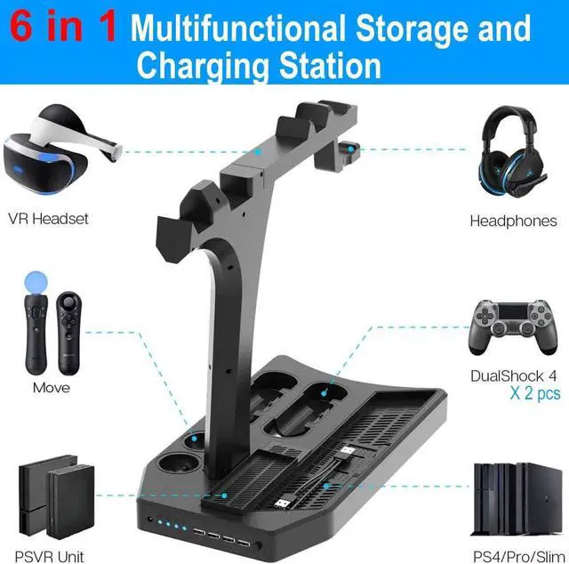 Alt view image 3 of 7 - PSVR Stand Compatible with PS4 VR - PS4/Slim/Pro Cooling Station and Charging Dock for Playstation VR Stand to Charge PS VR Controllers and Accessories Multipurpose PS Charging Stantion Storage