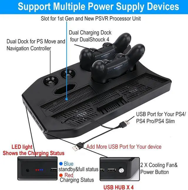 Alt view image 5 of 7 - PSVR Stand Compatible with PS4 VR - PS4/Slim/Pro Cooling Station and Charging Dock for Playstation VR Stand to Charge PS VR Controllers and Accessories Multipurpose PS Charging Stantion Storage