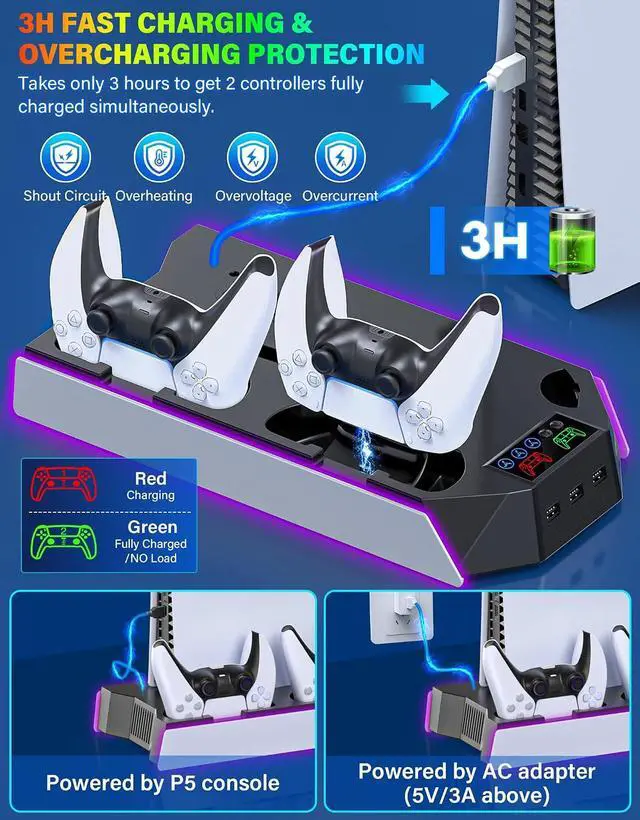 Alt view image 4 of 7 - PS5/PS5-Slim-Cooling-Station-with-Controller-Charging-Station for PlayStation 5 Console Disc/Digital, LED Light Cooling Stand with Cooler Fan for PS5 Accessories with 3 USB Hubs/Headset Holder
