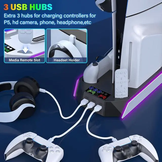 Alt view image 5 of 7 - PS5/PS5-Slim-Cooling-Station-with-Controller-Charging-Station for PlayStation 5 Console Disc/Digital, LED Light Cooling Stand with Cooler Fan for PS5 Accessories with 3 USB Hubs/Headset Holder