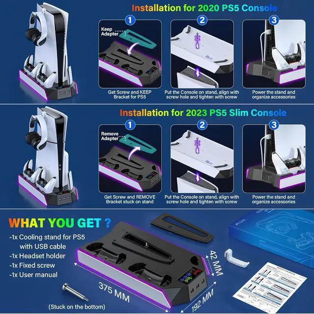 Alt view image 6 of 7 - PS5/PS5-Slim-Cooling-Station-with-Controller-Charging-Station for PlayStation 5 Console Disc/Digital, LED Light Cooling Stand with Cooler Fan for PS5 Accessories with 3 USB Hubs/Headset Holder