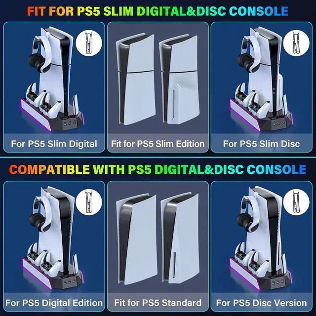 Alt view image 7 of 7 - PS5/PS5-Slim-Cooling-Station-with-Controller-Charging-Station for PlayStation 5 Console Disc/Digital, LED Light Cooling Stand with Cooler Fan for PS5 Accessories with 3 USB Hubs/Headset Holder