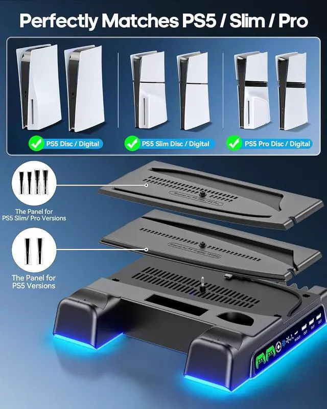Alt view image 2 of 6 - PS5/ Slim/Pro Stand for Disc & Digital Console, PS 5 Cooling Station with Dual Controller Charging Station for PlayStation 5 Console, 3-Level Fan PS5 Controller Charger Accessories Stand-Black
