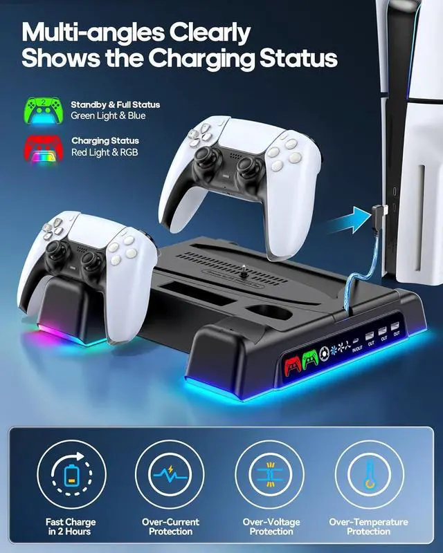 Alt view image 3 of 6 - PS5/ Slim/Pro Stand for Disc & Digital Console, PS 5 Cooling Station with Dual Controller Charging Station for PlayStation 5 Console, 3-Level Fan PS5 Controller Charger Accessories Stand-Black