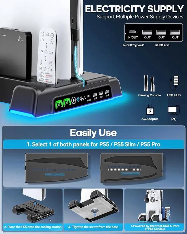 Alt view image 5 of 6 - PS5/ Slim/Pro Stand for Disc & Digital Console, PS 5 Cooling Station with Dual Controller Charging Station for PlayStation 5 Console, 3-Level Fan PS5 Controller Charger Accessories Stand-Black