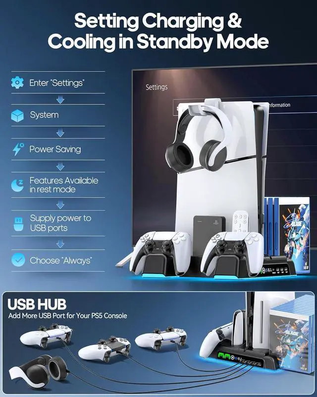 Alt view image 6 of 6 - PS5/ Slim/Pro Stand for Disc & Digital Console, PS 5 Cooling Station with Dual Controller Charging Station for PlayStation 5 Console, 3-Level Fan PS5 Controller Charger Accessories Stand-Black