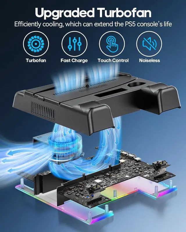 Alt view image 4 of 6 - PS5/ Slim/Pro Stand for Disc & Digital Console, PS 5 Cooling Station with Dual Controller Charging Station for PlayStation 5 Console, 3-Level Fan PS5 Controller Charger Accessories Stand-Black