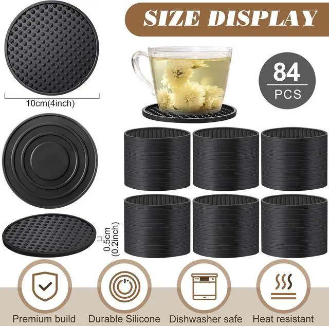 Alt view image 2 of 7 - 84 Pack Silicone Coasters for Drinks Nonslip Silicone Drink Coasters Cold Hot Heat Resistant for Table Tabletop Coffee Bar (Black)