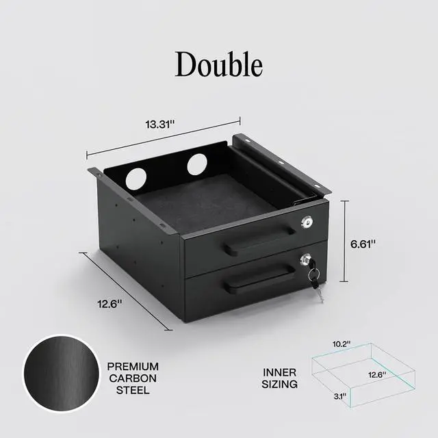 Alt view image 2 of 7 - Under Desk Drawer Slide-Out Lockable Metal Storage Drawers with Cable Management for Office & Home (Double, Non-Bracketed)