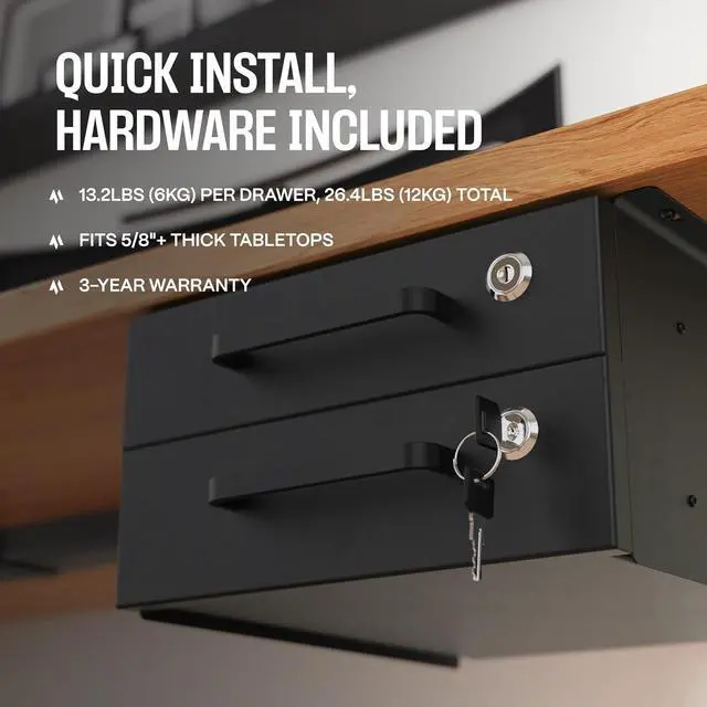 Alt view image 5 of 7 - Under Desk Drawer Slide-Out Lockable Metal Storage Drawers with Cable Management for Office & Home (Double, Non-Bracketed)