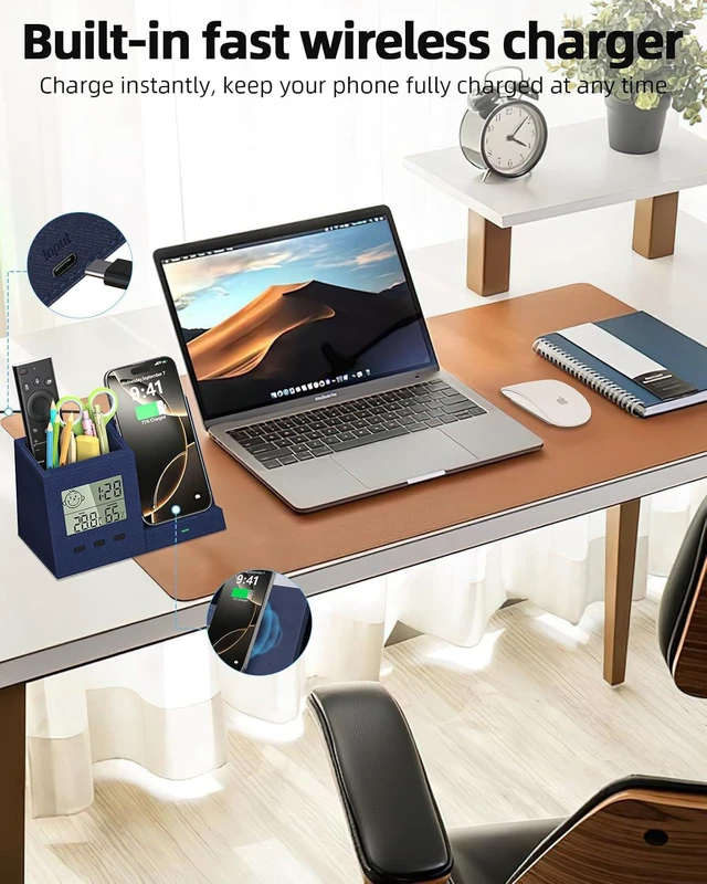 Alt view image 2 of 7 - Desk Organizer with Wireless Charger, Digital Clock, Thermometer & Hygrometer - Multi-Functional Pencil Holder Storage Caddy for Home, Office, Men & Women (Battery Included)