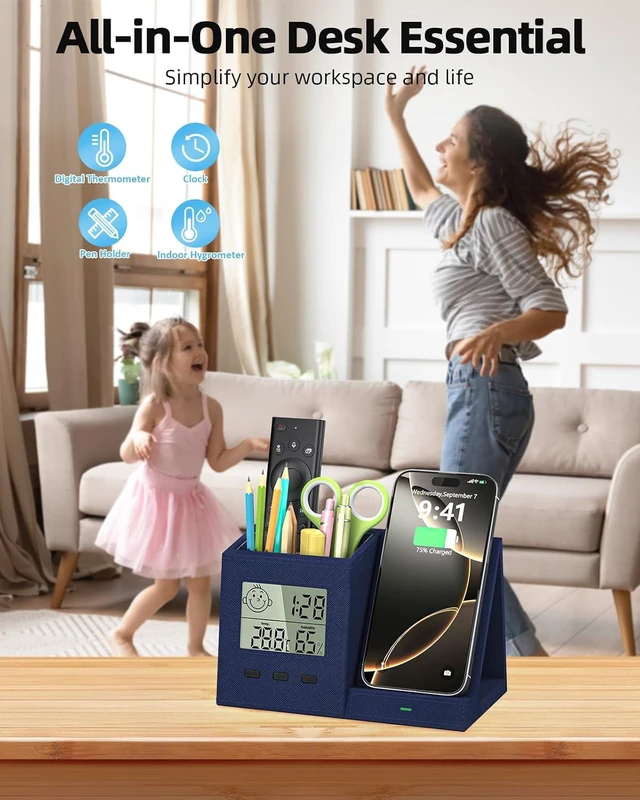 Alt view image 3 of 7 - Desk Organizer with Wireless Charger, Digital Clock, Thermometer & Hygrometer - Multi-Functional Pencil Holder Storage Caddy for Home, Office, Men & Women (Battery Included)