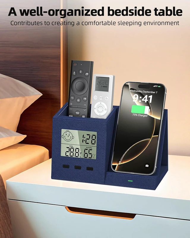 Alt view image 4 of 7 - Desk Organizer with Wireless Charger, Digital Clock, Thermometer & Hygrometer - Multi-Functional Pencil Holder Storage Caddy for Home, Office, Men & Women (Battery Included)