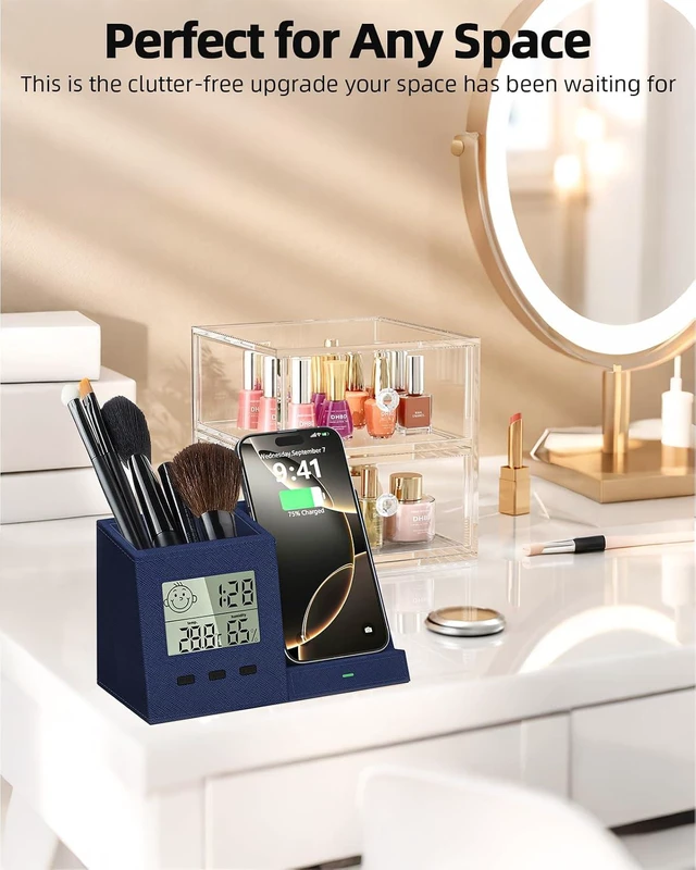 Alt view image 5 of 7 - Desk Organizer with Wireless Charger, Digital Clock, Thermometer & Hygrometer - Multi-Functional Pencil Holder Storage Caddy for Home, Office, Men & Women (Battery Included)