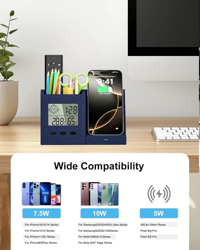 Alt view image 6 of 7 - Desk Organizer with Wireless Charger, Digital Clock, Thermometer & Hygrometer - Multi-Functional Pencil Holder Storage Caddy for Home, Office, Men & Women (Battery Included)