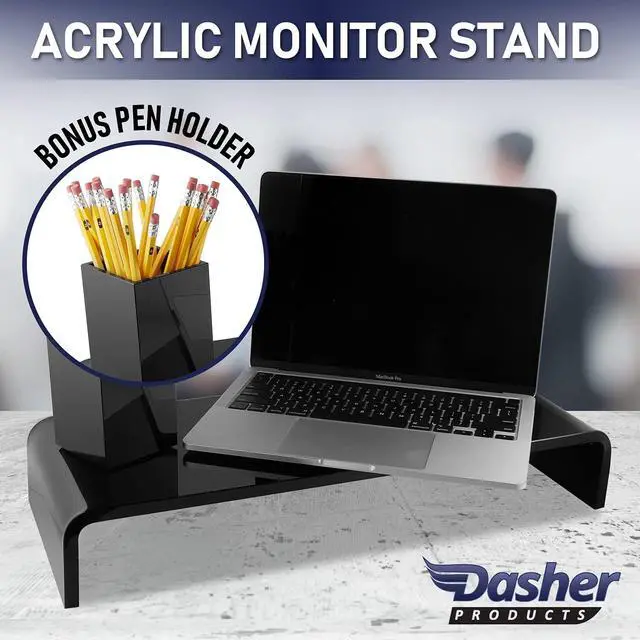 Alt view image 2 of 7 - Acrylic Monitor Stand with Matching Pen Holder, 12mm Thick Clear Acrylic Monitor Riser, Laptop Stand for Home, Office, and Work. Computer Desk Riser with Keyboard Storage for LCD LED TV Screen (Black)