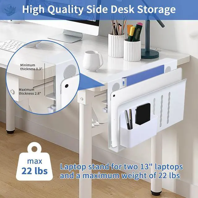 Alt view image 2 of 7 - Desk Side Storage, Steel Side Desk Organizer, No Drill Laptop Holder, Clamp on Laptop Mount with Pen Holder, Table Hanging Storage for Home Office, Fits Flat Edge Tables 0.3" to 2.8"