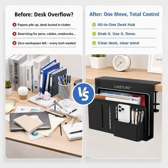 Alt view image 3 of 7 - Desk Side Storage, Steel Side Desk Organizer, No Drill Laptop Holder, Clamp on Laptop Mount with Pen Holder, Table Hanging Storage for Home Office, Fits Flat Edge Tables 0.3" to 2.8"