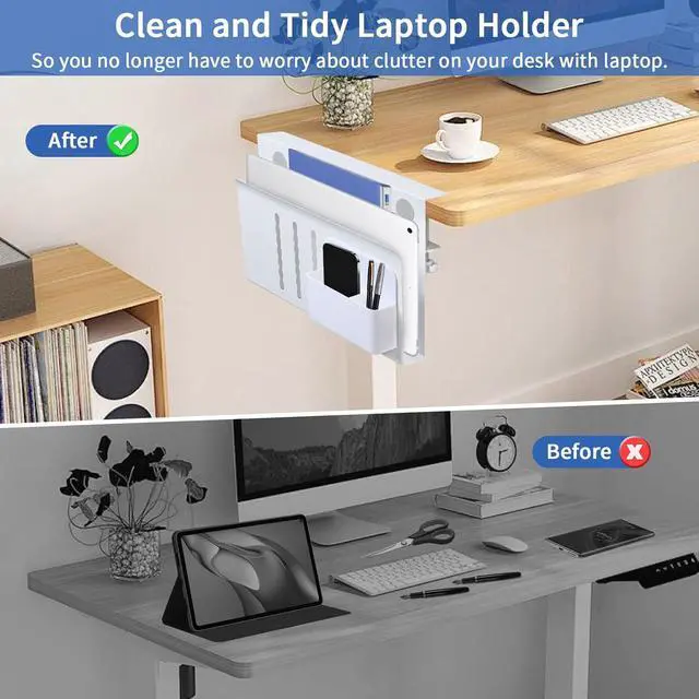 Alt view image 5 of 7 - Desk Side Storage, Steel Side Desk Organizer, No Drill Laptop Holder, Clamp on Laptop Mount with Pen Holder, Table Hanging Storage for Home Office, Fits Flat Edge Tables 0.3" to 2.8"