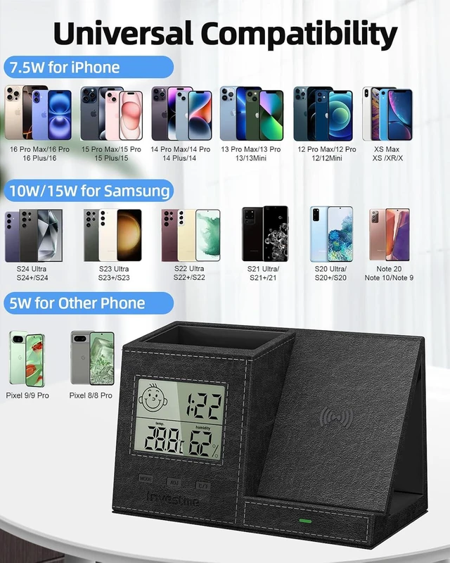 Alt view image 3 of 7 - Multi-Functional Pen & Pencil Desk Organizer with Built-in Digital Indoor Thermometer & Humidity Monitor, Vegan Leather for Home Office Supplies, Black
