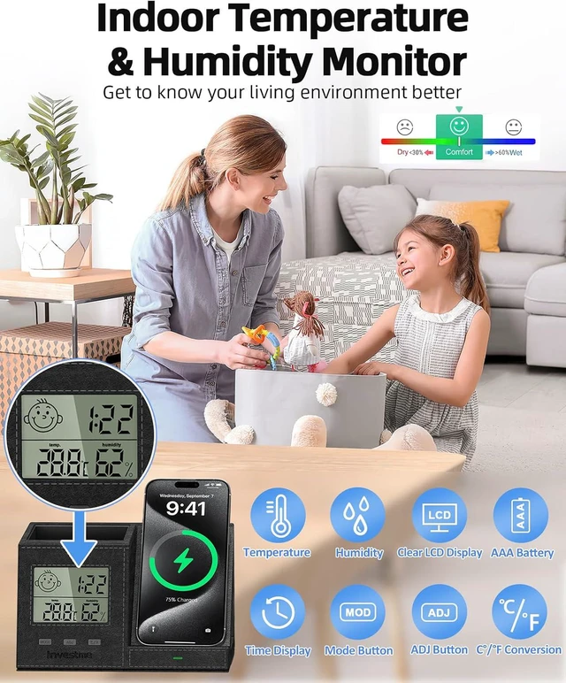 Alt view image 4 of 7 - Multi-Functional Pen & Pencil Desk Organizer with Built-in Digital Indoor Thermometer & Humidity Monitor, Vegan Leather for Home Office Supplies, Black
