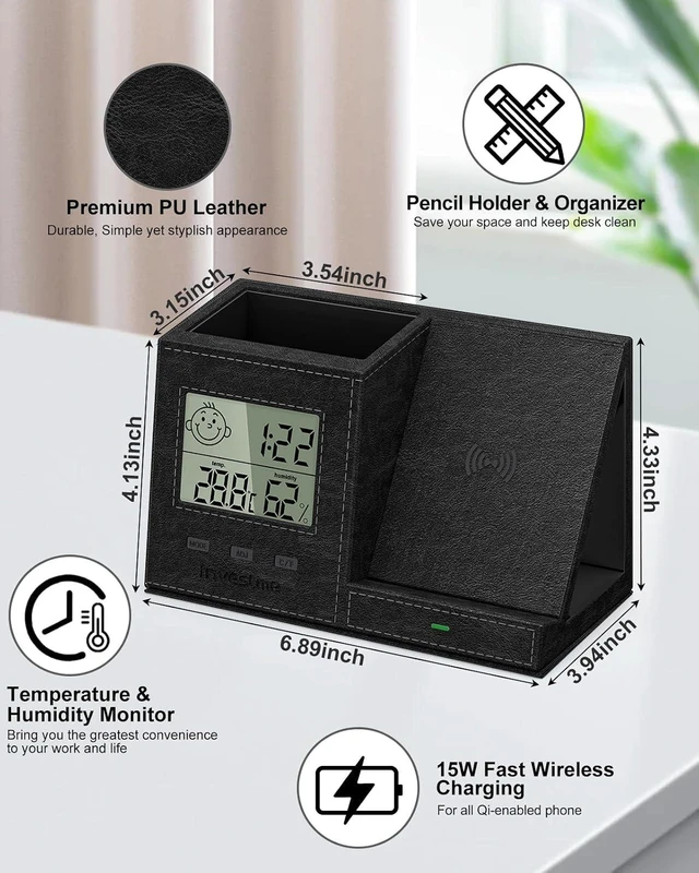 Alt view image 5 of 7 - Multi-Functional Pen & Pencil Desk Organizer with Built-in Digital Indoor Thermometer & Humidity Monitor, Vegan Leather for Home Office Supplies, Black