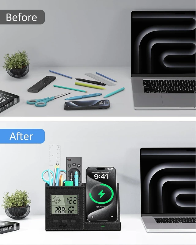 Alt view image 6 of 7 - Multi-Functional Pen & Pencil Desk Organizer with Built-in Digital Indoor Thermometer & Humidity Monitor, Vegan Leather for Home Office Supplies, Black