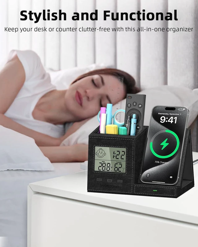 Alt view image 7 of 7 - Multi-Functional Pen & Pencil Desk Organizer with Built-in Digital Indoor Thermometer & Humidity Monitor, Vegan Leather for Home Office Supplies, Black