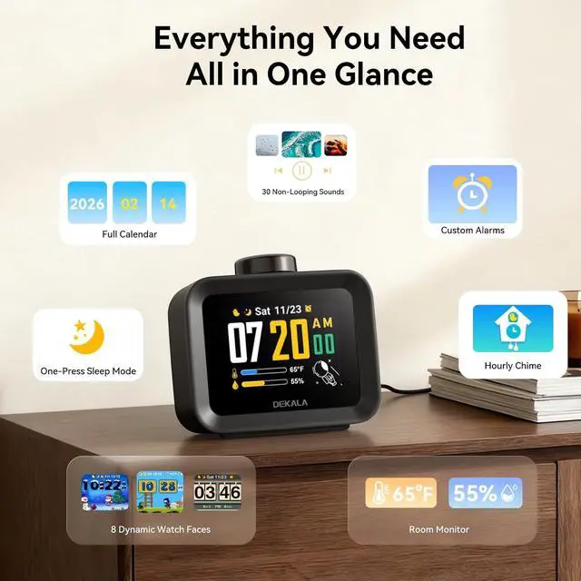 Alt view image 2 of 7 - AuraDot 7-Day Programmable Alarm Clock for Bedroom, 4 Independent Max 98db Loud Alarm for Heavy Sleepers, Temperature Humidity Monitor, 30 Non-Loop Soothing White Noise Sound Machine, Black