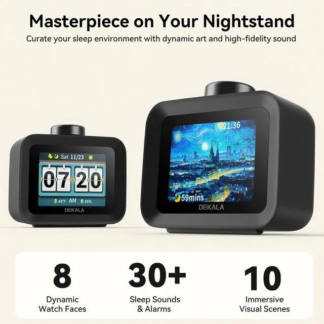 Alt view image 3 of 7 - AuraDot 7-Day Programmable Alarm Clock for Bedroom, 4 Independent Max 98db Loud Alarm for Heavy Sleepers, Temperature Humidity Monitor, 30 Non-Loop Soothing White Noise Sound Machine, Black