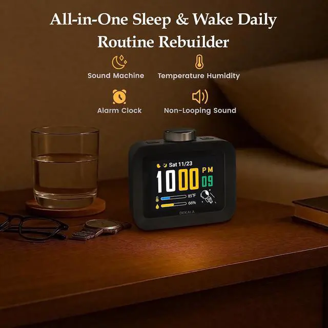 Alt view image 7 of 7 - AuraDot 7-Day Programmable Alarm Clock for Bedroom, 4 Independent Max 98db Loud Alarm for Heavy Sleepers, Temperature Humidity Monitor, 30 Non-Loop Soothing White Noise Sound Machine, Black