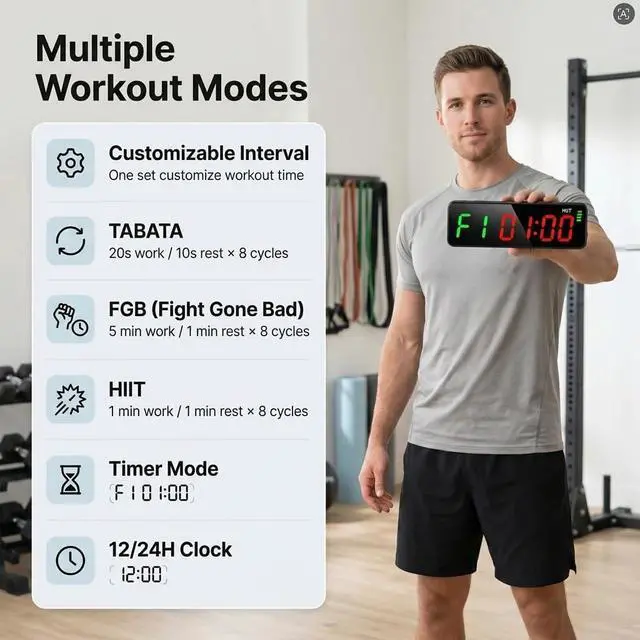 Alt view image 2 of 7 - Gym Clock Workout Timer Clock for Home Gym, 7-Inch LED Gym Exercise Interval Timer with Strong Magnet, Rechargeable Battery, 5-Level Brightness for HIIT, Tabata, Boxing & Garage Workouts