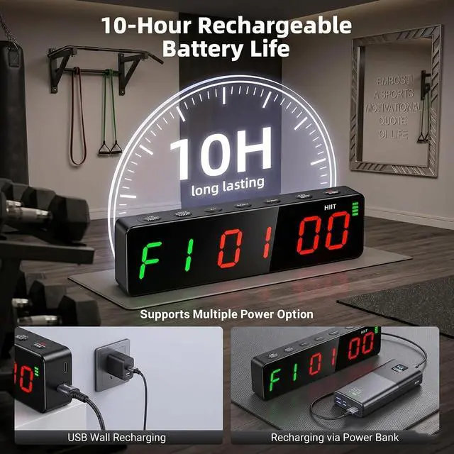 Alt view image 7 of 7 - Gym Clock Workout Timer Clock for Home Gym, 7-Inch LED Gym Exercise Interval Timer with Strong Magnet, Rechargeable Battery, 5-Level Brightness for HIIT, Tabata, Boxing & Garage Workouts
