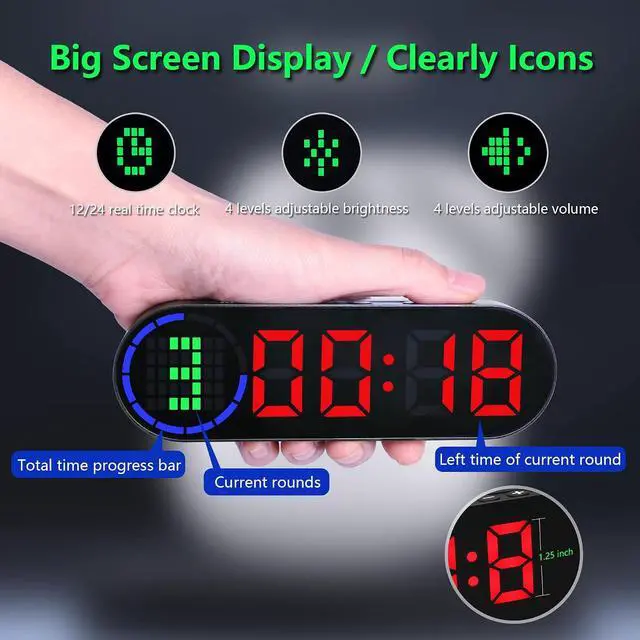 Alt view image 2 of 6 - Portable Gym Timer for Home Gym Interval Timer for Workout with Time Progress Bar/Rounds, Workout Clock for Boxing HIIT Tabata Emom Fitness Rechargeable Battery Powered