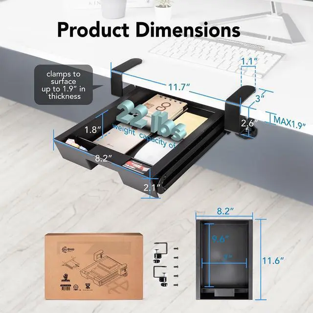 Alt view image 3 of 7 - Under Desk Slide-Out Storage Drawer, Small 11.7"x8.2" Pull-Out Organizer with Smooth Sliding Rail, Adjustable C-Clamp Mount, Black Tray for Home Office & Standing Desk