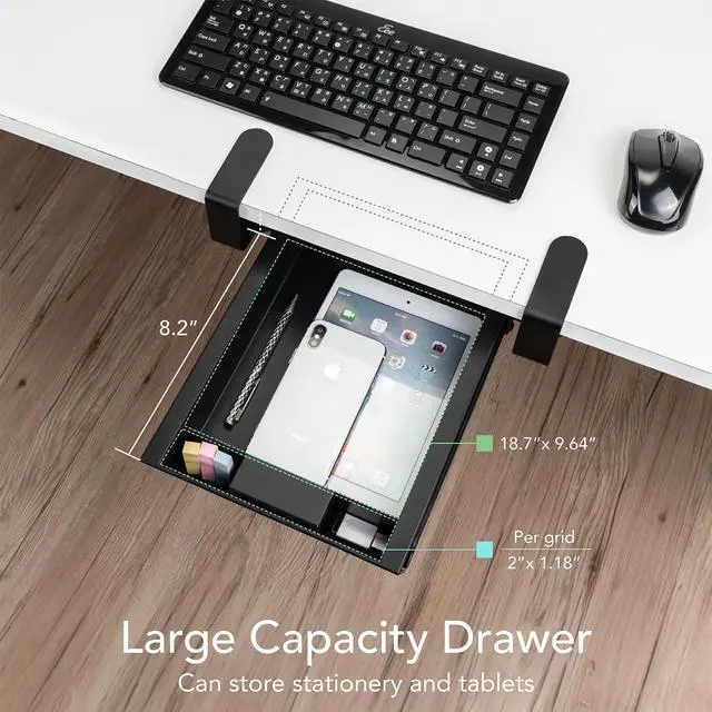 Alt view image 5 of 7 - Under Desk Slide-Out Storage Drawer, Small 11.7"x8.2" Pull-Out Organizer with Smooth Sliding Rail, Adjustable C-Clamp Mount, Black Tray for Home Office & Standing Desk