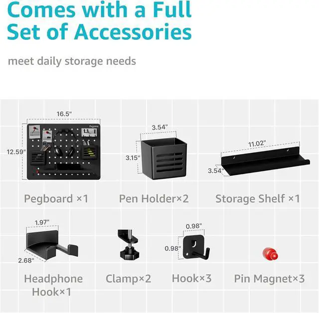 Alt view image 4 of 7 - Clamp on Desk Pegboard, 16.5" x 12.6", with 10 Accessories, Black