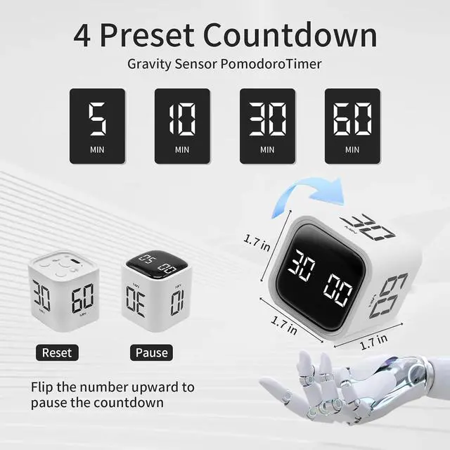 Alt view image 2 of 7 - Productivity Timer Flip Gravity Sensor Cube Timer Countdown & Countup,Mute & Vibrate & Sound5/10/30/60min & Custom Timing, Perfect for ADHD,Work,Learning,Kitchen Cooking (3, Black+White+Blue)