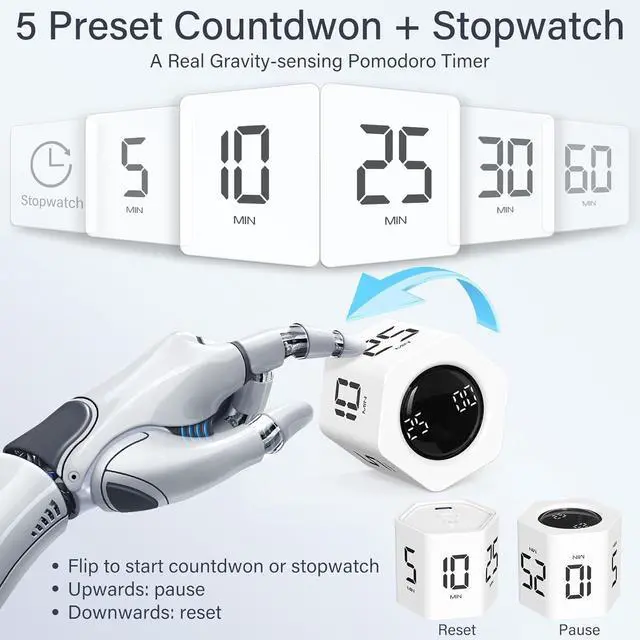 Alt view image 2 of 7 - Rotating Pomodoro Timer 5, 25, 10 30,60 Mins Preset Stopwatch, Desk Flip ProductivityTimer, ADHD Tool Hexagon, Vibration/Mute/Alarm, for Work, Study, Back to School, Kitchen, 2 Pack White