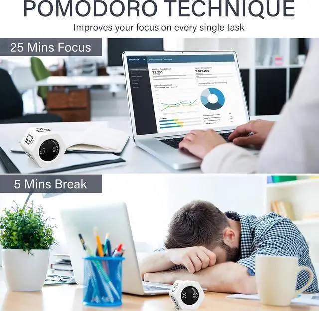 Alt view image 3 of 7 - Rotating Pomodoro Timer 5, 25, 10 30,60 Mins Preset Stopwatch, Desk Flip ProductivityTimer, ADHD Tool Hexagon, Vibration/Mute/Alarm, for Work, Study, Back to School, Kitchen, 2 Pack White