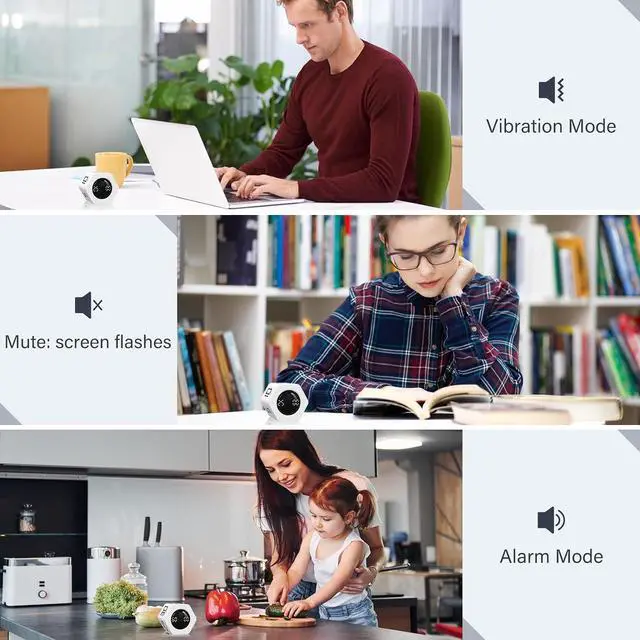 Alt view image 4 of 7 - Rotating Pomodoro Timer 5, 25, 10 30,60 Mins Preset Stopwatch, Desk Flip ProductivityTimer, ADHD Tool Hexagon, Vibration/Mute/Alarm, for Work, Study, Back to School, Kitchen, 2 Pack White