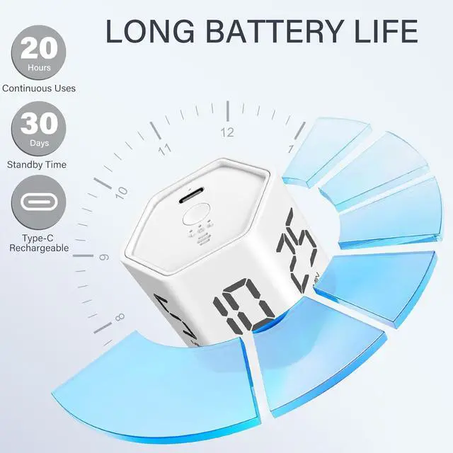 Alt view image 6 of 7 - Rotating Pomodoro Timer 5, 25, 10 30,60 Mins Preset Stopwatch, Desk Flip ProductivityTimer, ADHD Tool Hexagon, Vibration/Mute/Alarm, for Work, Study, Back to School, Kitchen, 2 Pack White