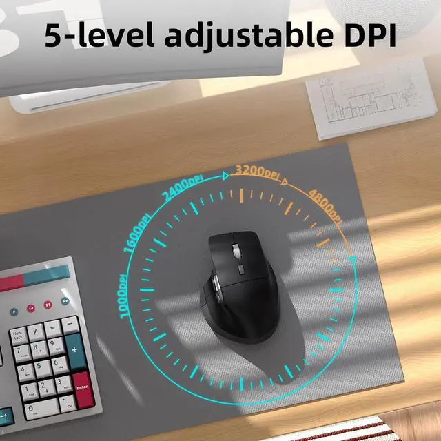 Alt view image 2 of 7 - Ergonomic Wireless Bluetooth Mouse with 6 Programmable Buttons(Mac/Windows), Multi-Device, Flying Scroll & Side Wheel, 5 Level DPI, Rechargeable Silent Mice for Laptop, PC, Tablet, MacBook.