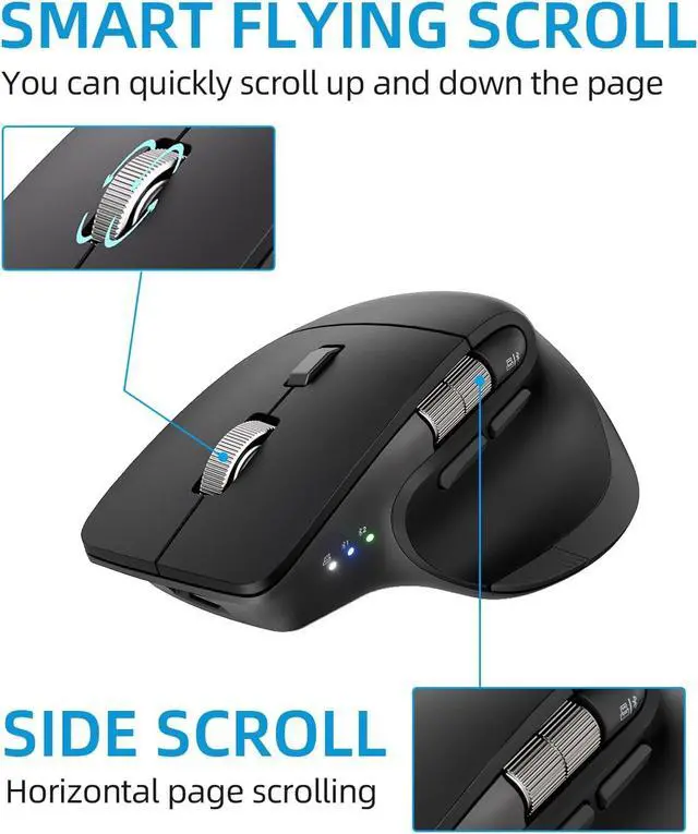 Alt view image 3 of 7 - Ergonomic Wireless Bluetooth Mouse with 6 Programmable Buttons(Mac/Windows), Multi-Device, Flying Scroll & Side Wheel, 5 Level DPI, Rechargeable Silent Mice for Laptop, PC, Tablet, MacBook.