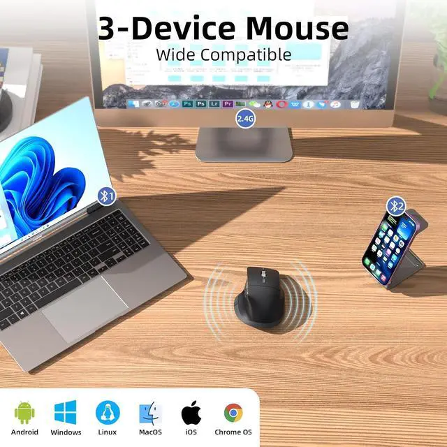 Alt view image 4 of 7 - Ergonomic Wireless Bluetooth Mouse with 6 Programmable Buttons(Mac/Windows), Multi-Device, Flying Scroll & Side Wheel, 5 Level DPI, Rechargeable Silent Mice for Laptop, PC, Tablet, MacBook.