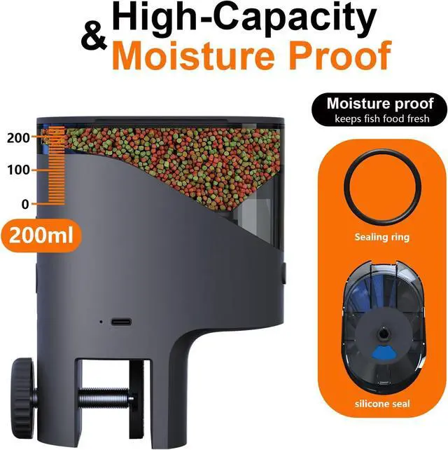 Alt view image 6 of 7 - WiFi Automatic Fish Feeder with 2.5K Camera, 2.4/5G Smart App Control, Vacation Feeding Timer, 200ml Moisture-Proof Flake Food Dispenser, Remote Precision Aquarium Feeder for 10+ Gallon Tanks