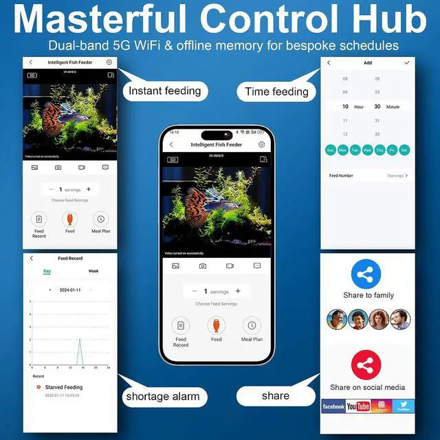 Alt view image 5 of 7 - WiFi Automatic Fish Feeder with 2.5K Camera, 2.4/5G Smart App Remote Control, Vacation Feeding Timer, Precision Fish Food Dispenser, 230ML Moisture-Proof Aquatic Pet Feeder for 10+ Gallon Tank
