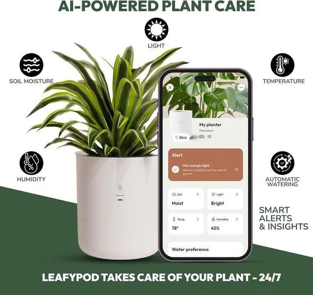Alt view image 2 of 7 - 8 Inch Smart Self Watering Planter with WiFi Bridge & App Control AI Plant Care System with Sensors, Automatic Watering, Alerts Modern Indoor Planter for Houseplants