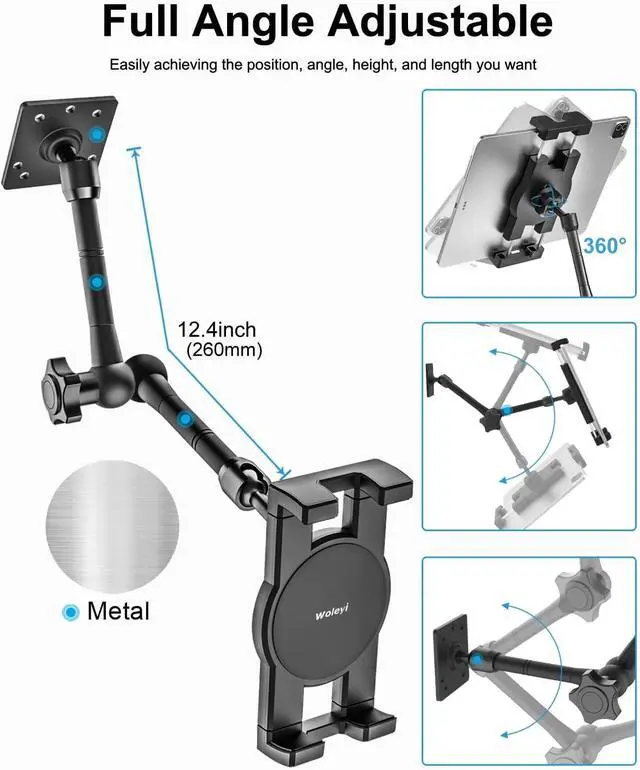 Alt view image 3 of 7 - Metal Tablet Wall Mount Holder with 360° Adjustable Foldable Arm, for iPad Pro Air Mini